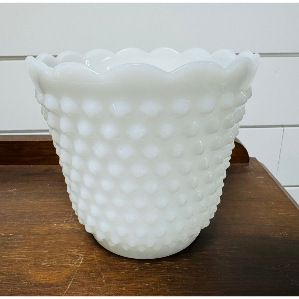 Vintage Fire-King Milk Glass Hobnail Planter Scalloped Rim White Bowl 5 inch